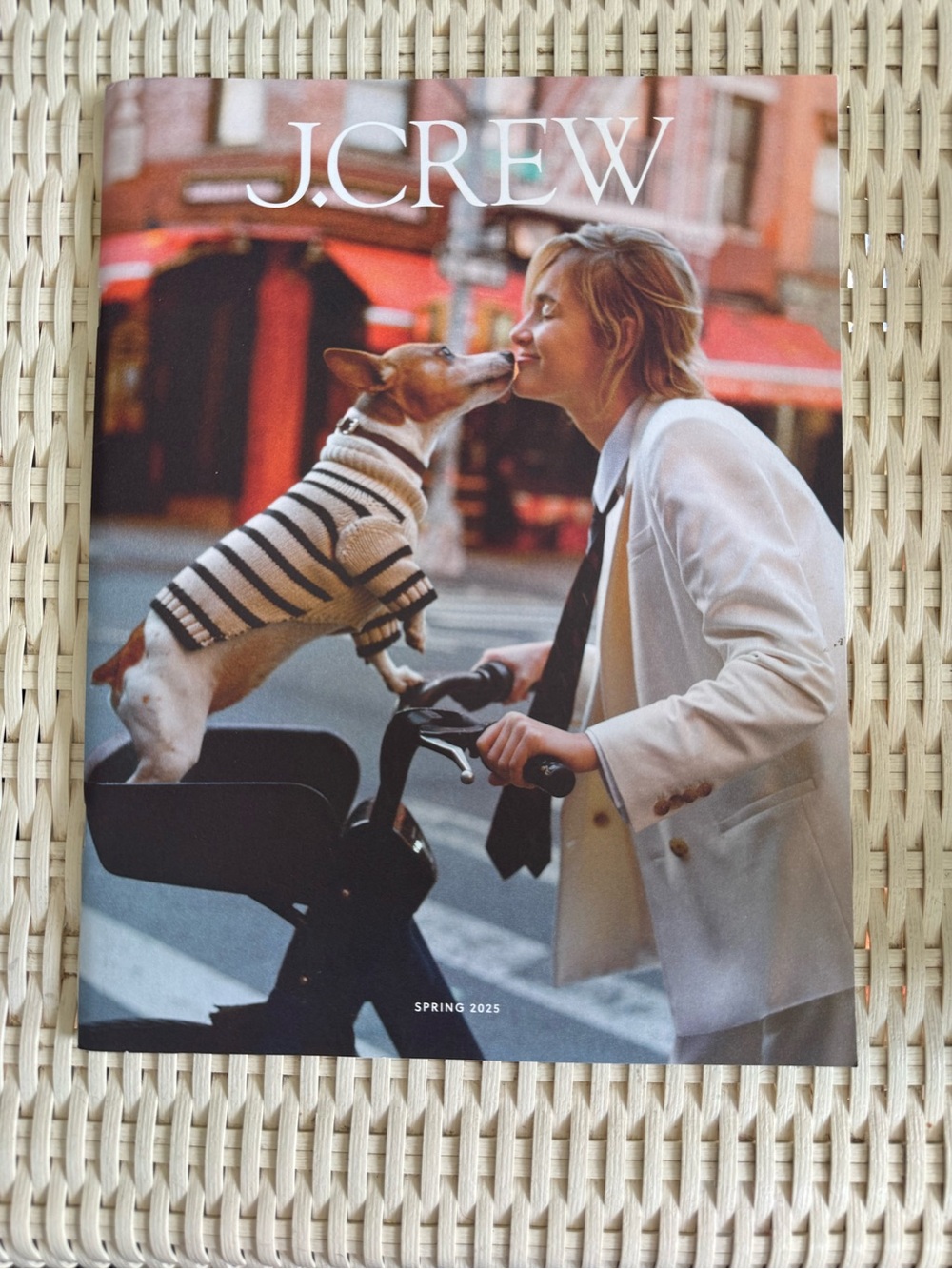 J.Crew Spring 2025 Catalog - Woman in Cream Blazer & Striped Dog Sweater